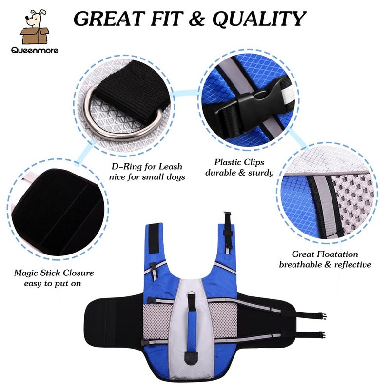 Queenmore Dog Life Jacket Swimming Vest Lightweight High Reflective Pet Lifesaver with Lift Handle, Leash Ring Blue,S - Image 2